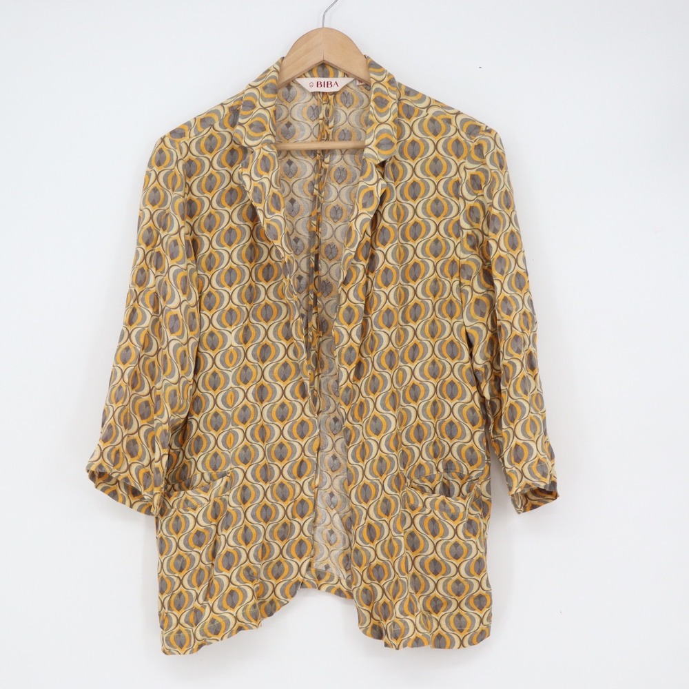 BIBA Yellow Grey Geometric Retro Print Open Front Linen Blend Jacket Size 36